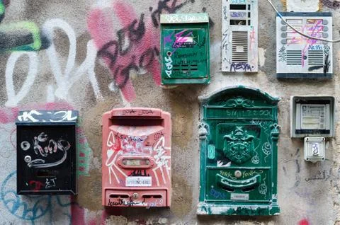 Various mailboxes. Different colors and shapes Stock Photos