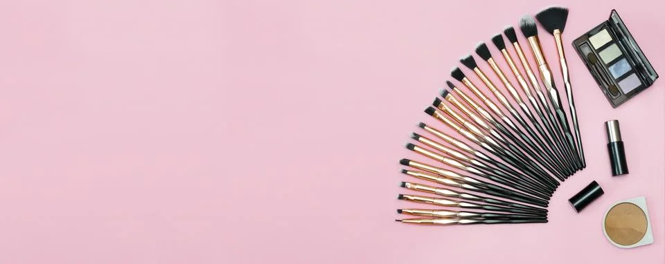 Various Makeup brushes full set, lipstick, eyeshadow and powder, everyday m.. Stock Photos