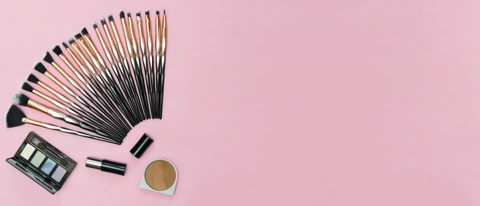 Various Makeup brushes full set, lipstick, eyeshadow and powder, everyday m.. Stock Photos