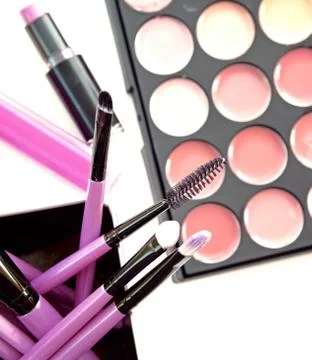 Various makeup brushes on light background (Vintage tone) Stock Photos