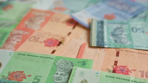 Various malaysian banknotes including 5, 10, and 50 ringgit denominations s.. Stock Footage 293844595