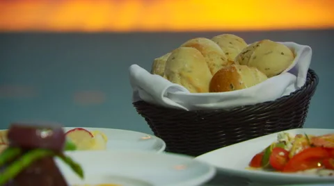 Various meals and salads set on table Stock Footage 57815420