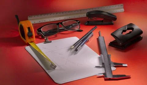 Various measurement and design elements on a red table (gauge, meter, ruler,  Stock Photos