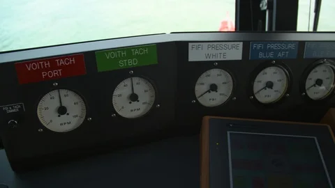 Various measuring gauges inside control room of fireboat Stock Footage 116468111