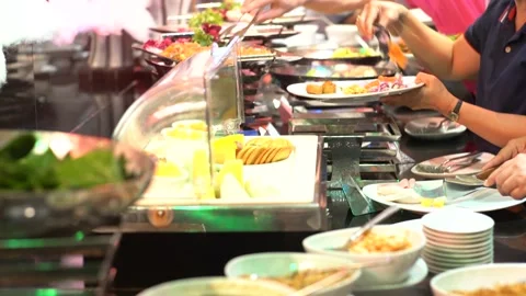 Various meat and vegetable buffet food meal in seminar of hotel room Stock Footage 149365388