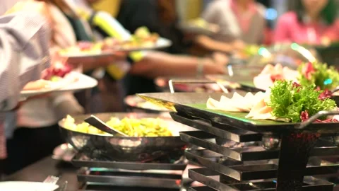 Various meat and vegetable buffet japanese food meal in seminar of hotel Stock Footage 149365755