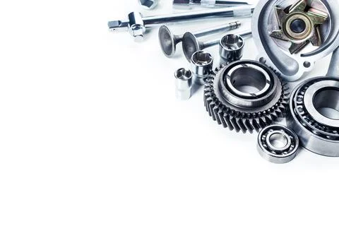 Various mechanical components and tools arranged on a clean surface for Stock Photos