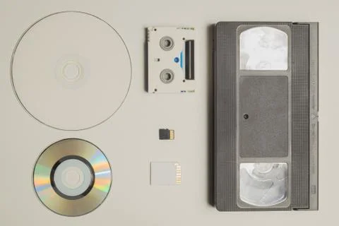 Various media types. compact disc. memory card. video tape. digital video cas Stock Photos