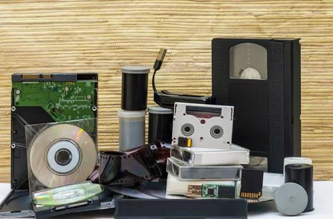 Various media types. compact disc. memory card. video cassette. usb flash dri Stock Photos