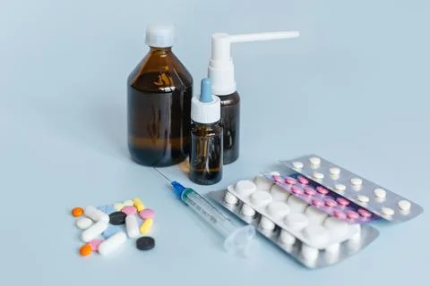 Various medicaments: assorted pharmaceutical medicine pills, a remedy for flu Stock Photos