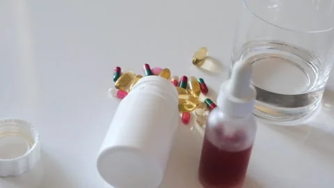 Various Medicine Pills, Tablets and Vitamins on Table. Healthcare concept Video stock 255557341