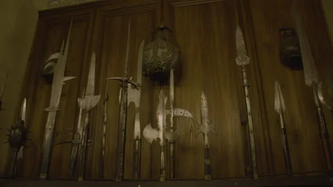 Various medieval weapons, including spears and axes, are mounted on a wood Stock Footage 311887088