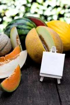 Various melons with empty sign 库存照片