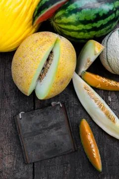 Various melons with empty sign Stock Photos