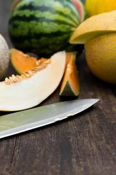 Various melons on a table 스톡 사진