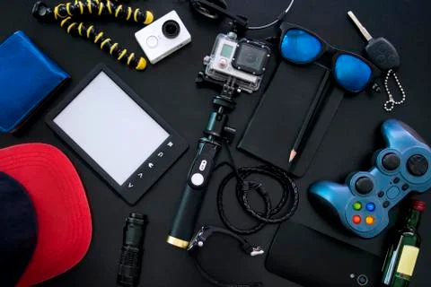 Various men's items at the black table laid out in the correct order Stock Photos