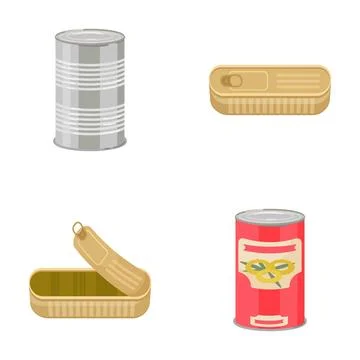 Various metal cans holding processed food supplies 库存插图