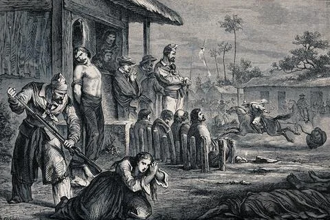 Various methods of torture a man is rolled up in a carpet and dragged to death Illustration