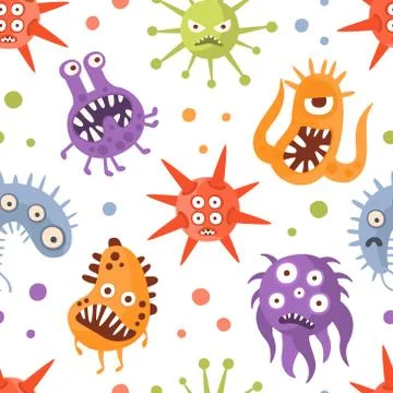 Various Microorganisms Seamless Pattern, Germs, Viruses and Microbes Characters 스톡 일러스트