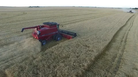 Various models of combines and tractors during wheat harvest in southwest Kansas Stock Footage 65317345