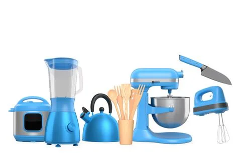 Various modern kitchen appliances and wooden utensils arranged in a row on .. Stock Illustration