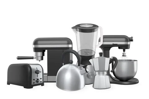 Various modern kitchen appliances isolated on white background, concept of .. Stock Illustration