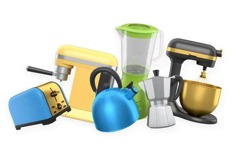 Various modern kitchen appliances isolated on white background, concept of .. Stock Illustration