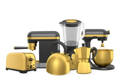 Various modern kitchen appliances isolated on white background, concept of .. Stock Illustration
