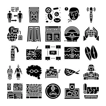 Various modern technology science and health glyph icons set Stock Illustration