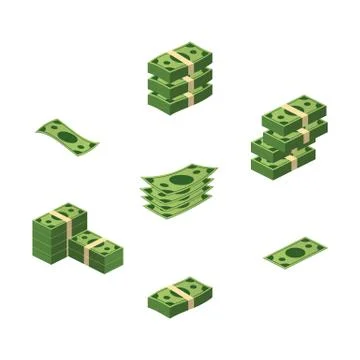 Various money bills dollar cash paper bank notes vector set. Money cash heap. Illustrazione stock