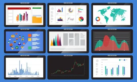 Various monitors display graphs and charts. In business analysis Stock Illustration