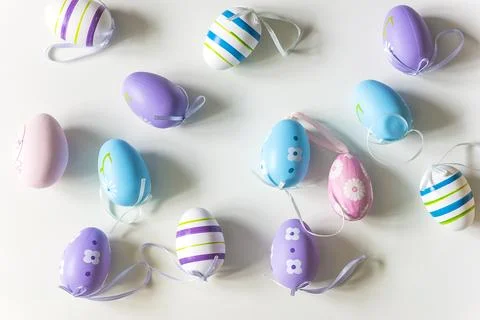 Various multicolored easter eggs on a white background; Stock Photos