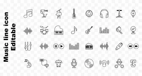 Various musical elements, instruments, audio equipment, and sound waves Illustrazione stock