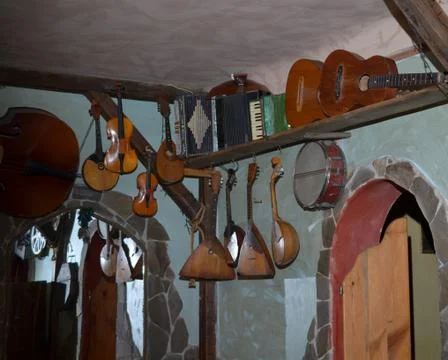 Various musical instruments in the cafe Stock Photos