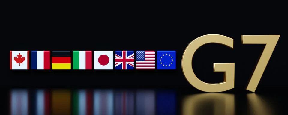 Various national flags representing G7 member countries align next to a pro.. Stock Illustration