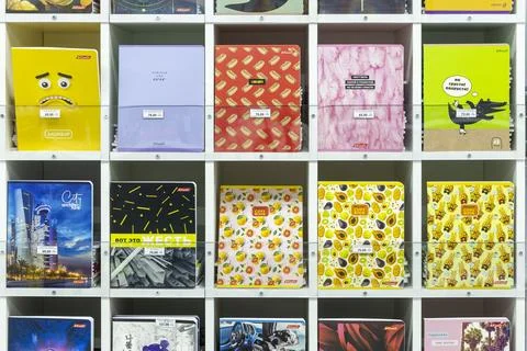 Various notebook covers with different designs and colors displayed on store Stock Photos