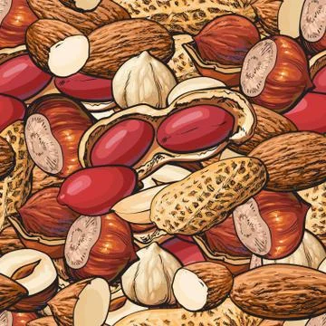 Various nuts seamless pattern with mix of peanut, almond and hazelnut vector Stock Illustration