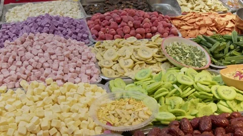 Various nuts, snacks and dried fruits in a local Chinese market Video stock 270064857
