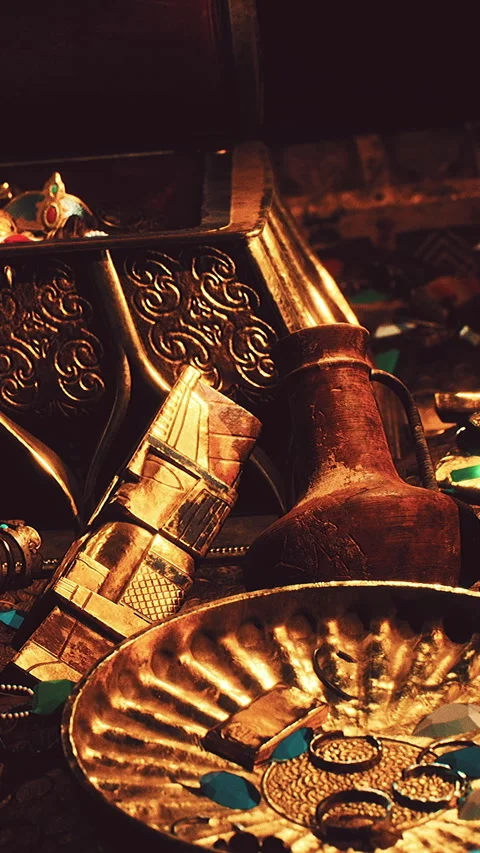 Various objects and treasures are arranged on a dark surface Stock Footage 348091680