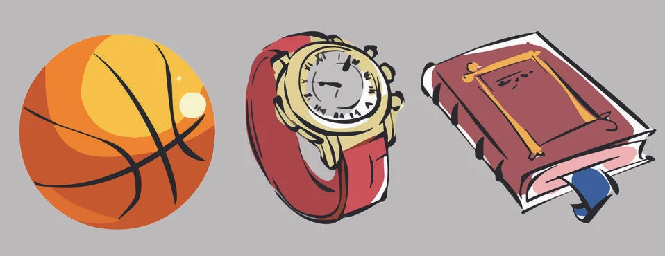 Various objects of leisure cute vector set. Ball, watch, book. Stock-Illustration