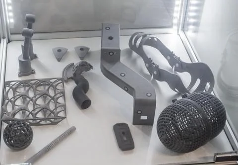 Various objects printed 3D printer from molten plastic powder. Different models Stock Photos