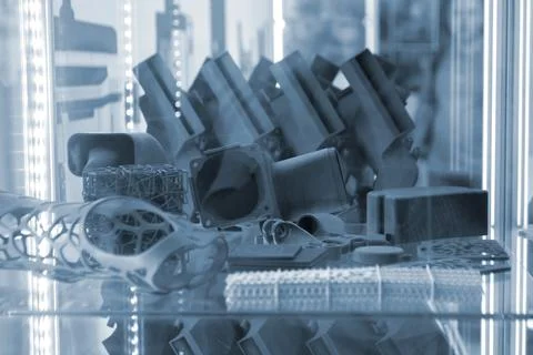 Various objects printed 3D printer from molten plastic powder. Different models Foto stock