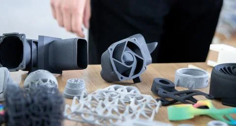 Various objects printed 3D printer molten plastic powder Different model printed Stock Photos