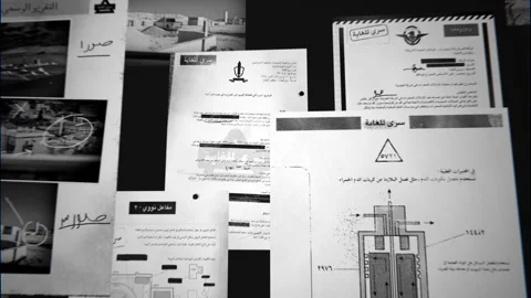 Various official government looking reports in Arabic language on black Vídeos de archivo 333095615