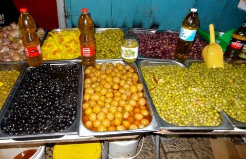 Various olives are sold in the eastern market. Stock Photos