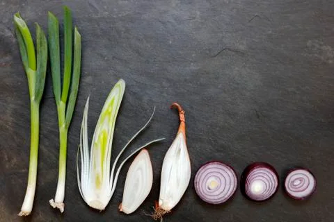 Various onions on slate Stock Photos