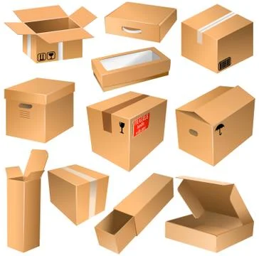Various open and closed shipping cardboard boxes Stock Illustration