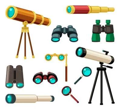 Various optical instruments set. Stylish gold plated retro monocle antique and Stock Illustration