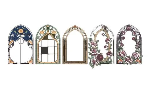 Various ornate gothic window frames on white background イラスト素材