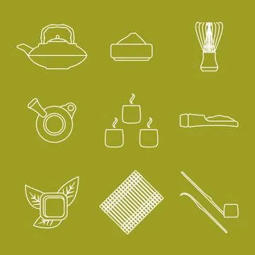 Various outline japan tea ceremony equipment icons set. Stock-Illustration